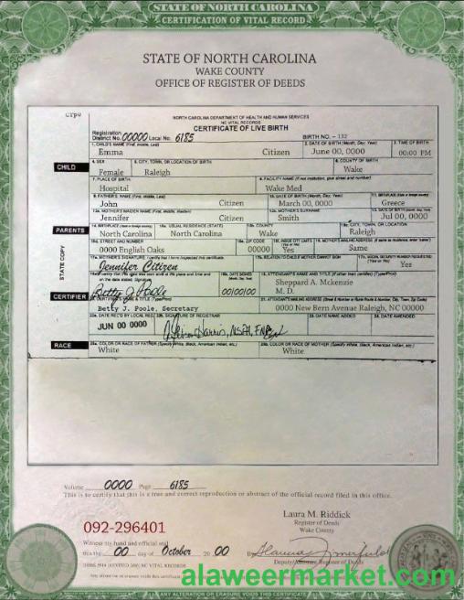 USA North Carolina birth cert